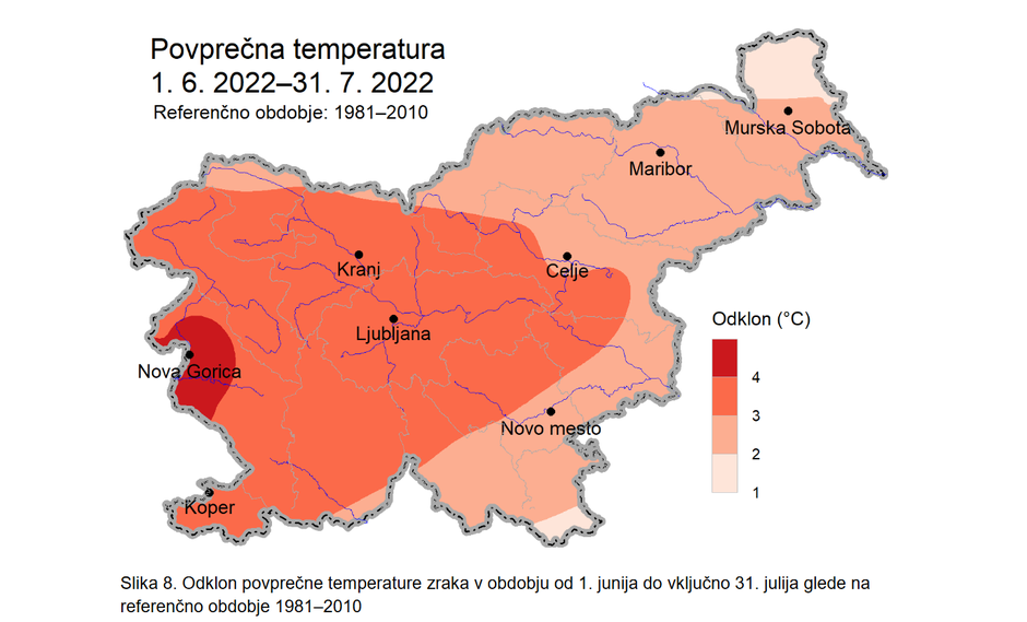 Odklon povprečne temperature zraka v obdobju od 1. junija do vključno 31. julija glede na referenčno obdobje 1981–2010 | Avtor: Arso 