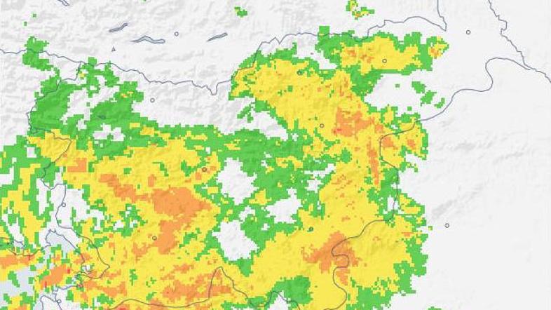 Kot je razvidno iz radarske slike, so bile padavine najmočnejše na Primorskem. (