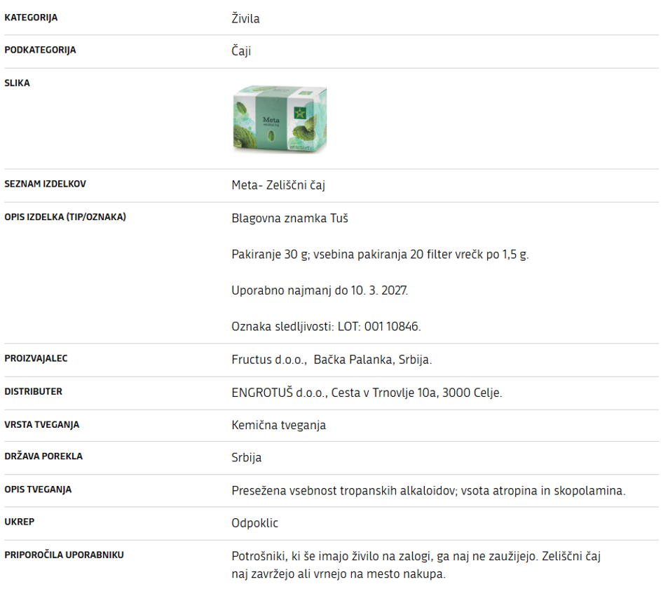 Zeliščni čaj, odpoklic