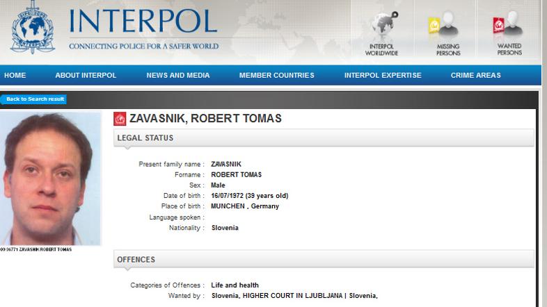 Robert Tomaž Zavašnik, tiralica, Interpol 