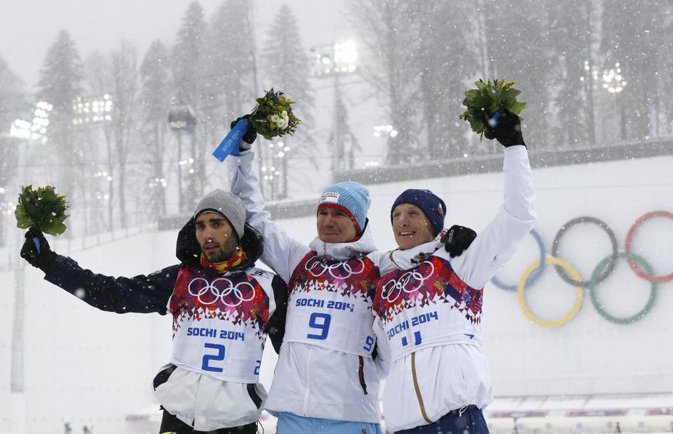 Fourcade Svendsen Moravec moški biatlon 15 km skupinski start Soči 2014