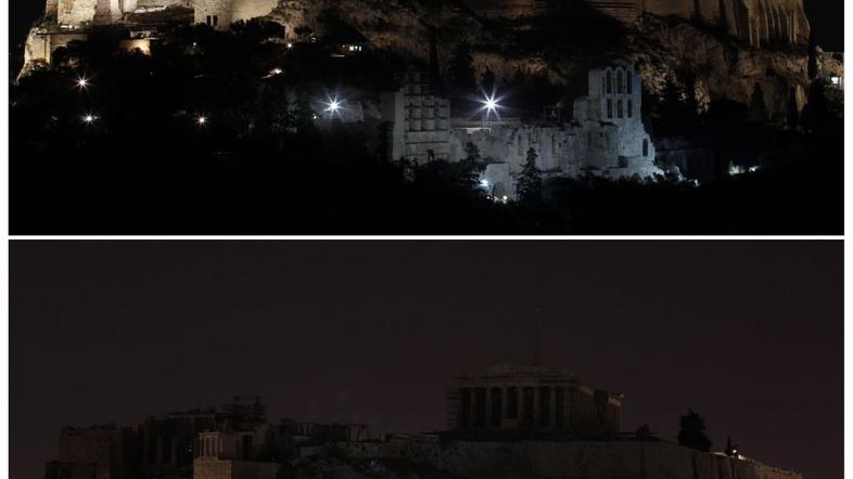 Kombinacija fotografij atenske Akropole. pred in med Uro za Zemljo. Na tak pogle