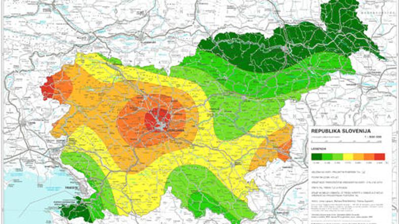 Karta prikazuje projektni pospešek tal, ki je določen za povratno dobo 475 let. 