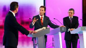 Trojica Cameron, Clegg in Brown na predvolilnem soočenju. (Foto: EPA)