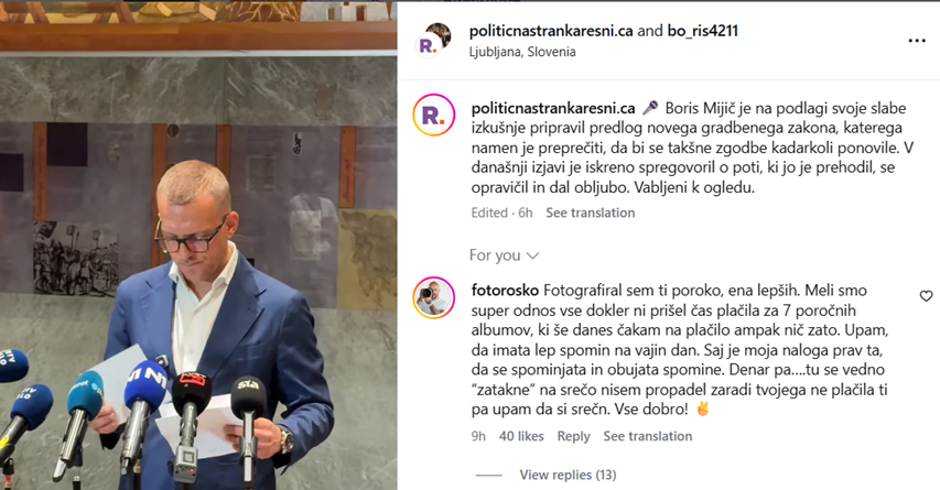 komentar fotografa pod objavo Resnice | Avtor: zajem zaslona