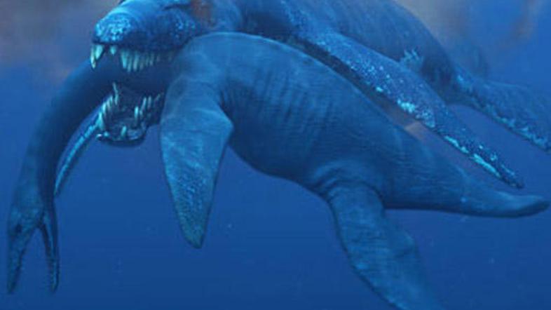 45-tonski pliozaver napada manjšega pleziozavra.