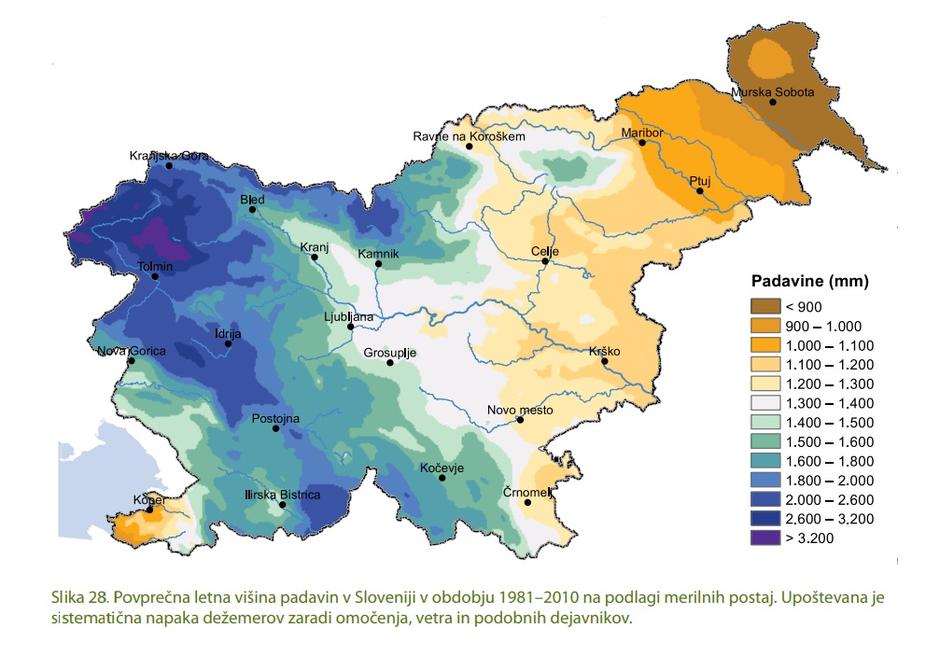 Povprečna letna višina padavin | Avtor: Podnebna spremenljivost Slovenije/Arso