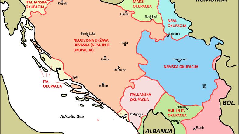 Kraljevina Jugoslavija po okupaciji. Za povečavo kliknite na zemljevid. (Foto: W
