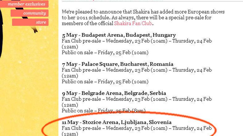 Na Shakirini spletni strani piše, da 11. maja prihaja v Ljubljano, vstopnice pa 