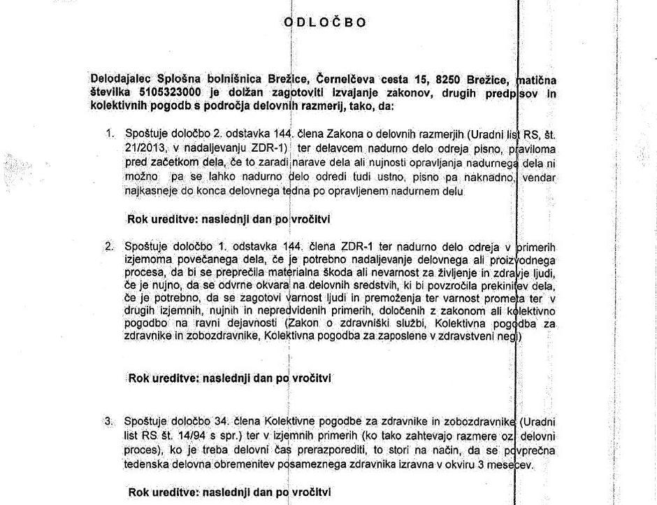 odločba inšpektorata za delo v primeru SB Brežice | Avtor: zurnal24.si