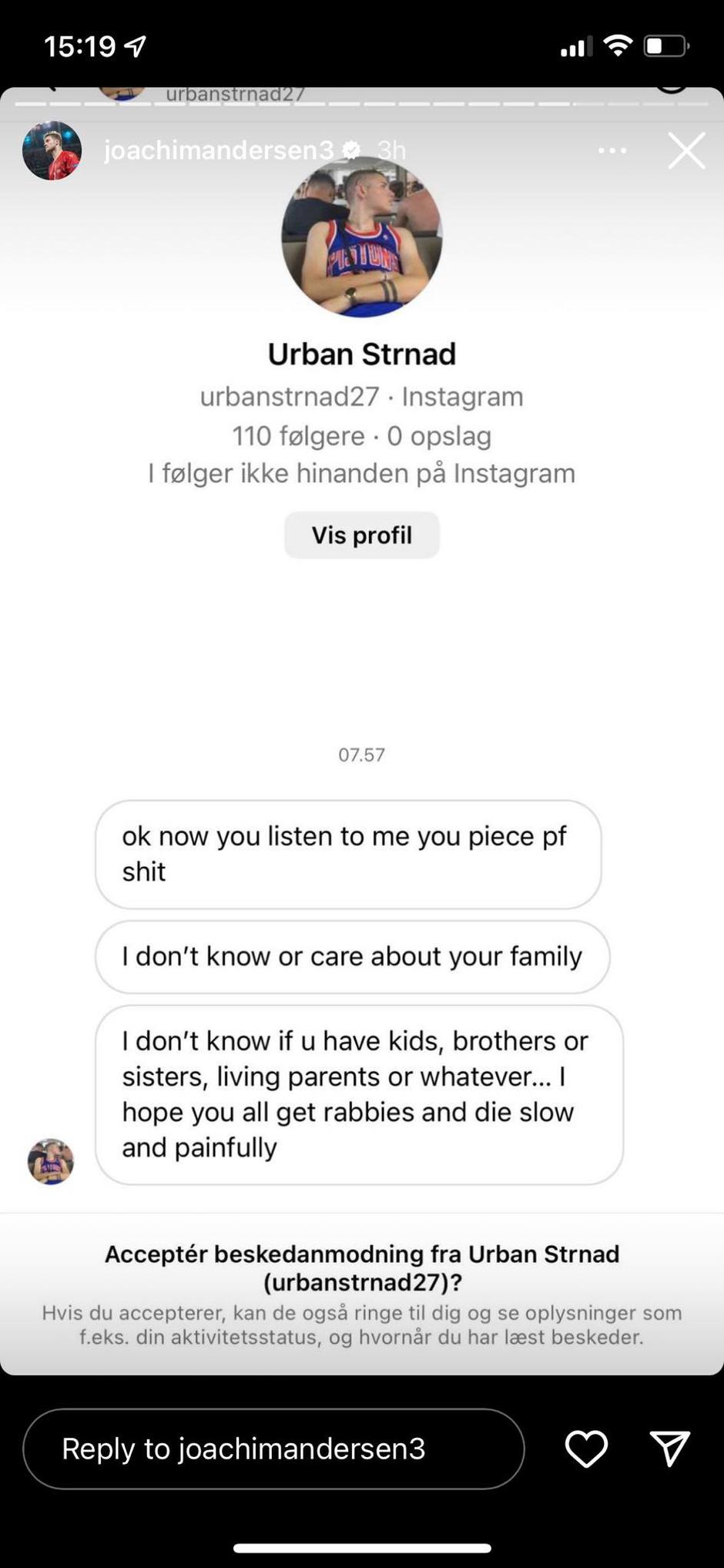 Sporočilo Joachimu Andersenu | Avtor: Instagram