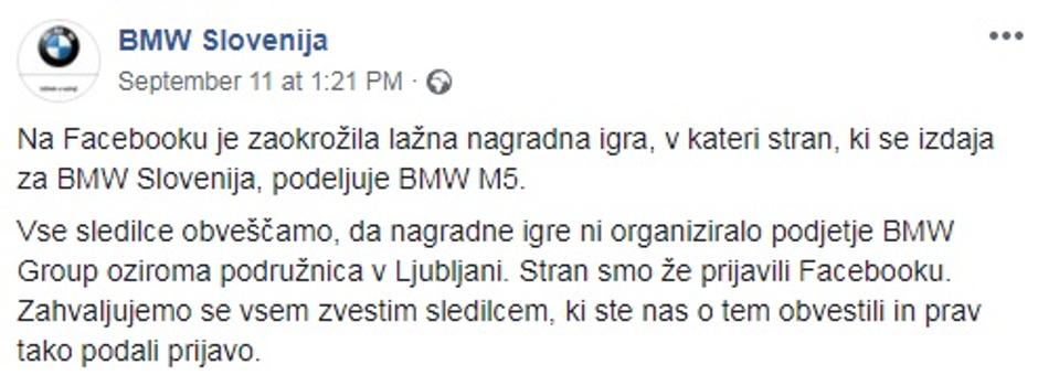 obvestilo BMW | Avtor: Facebook