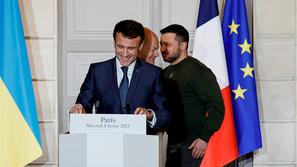 Emmanuel Macron Volodimir Zelenski in Olaf Scholz v Parizu