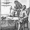 Upodobitev poskusa transfuzije krvi iz živali na človeka, slika iz okoli 1750. (