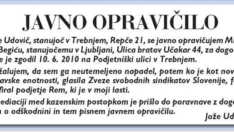 Opravičilo je bilo objavljeno na 16. strani v  7. številki Delavske enotnosti, g