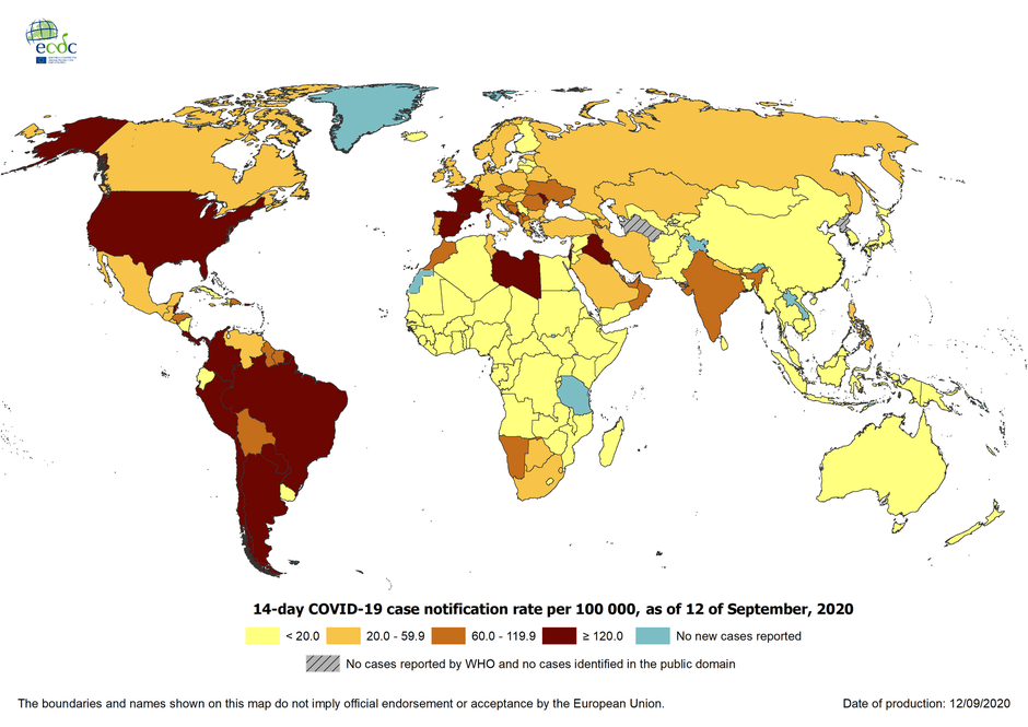 Zemljevid razširjenosti koronavirusa 12. septembra | Avtor: ECDC