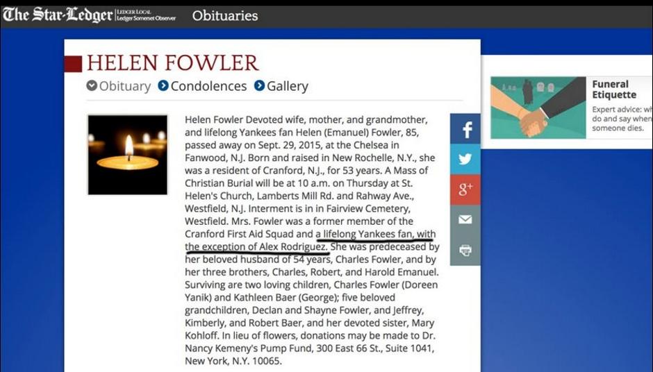 osmrtnica Helen Fowler | Avtor: New Jersey Star Ledger