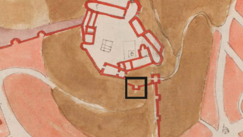 Lokacija novoodkritega vhoda na Angielinijevem fortifikacijskem načrtu Ljubljane iz leta 1568