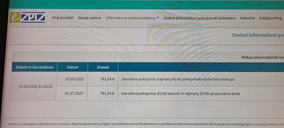 Izračun pokojnine ezpiz, zagotovljena pokojnina | Avtor: slika zaslona